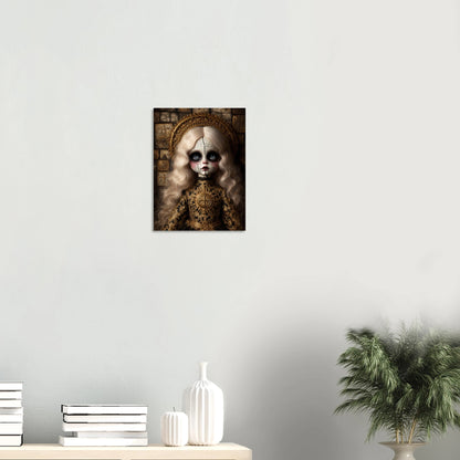 Hochwertiger Giclée-Kunstdruck zweier Vintage-Puppen mit großen Augen, blasser Haut und rostfarbenen Kleidern in melancholischer Atmosphäre.