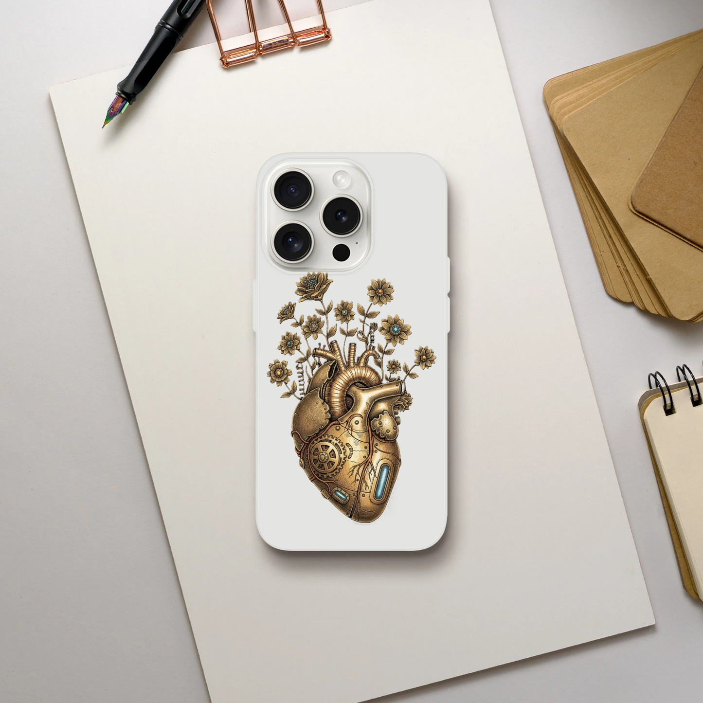 Transparente iPhone Schutzhülle mit Steampunk Herz Motiv, klare Flexi Case Oberfläche, schlank, modern, passgenau für verschiedene Modelle.