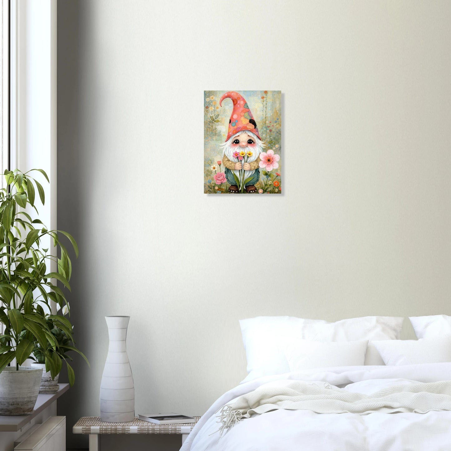 Liebevoll illustrierter Wichtel mit Blumenstrauß in sanften Farben, märchenhafte Gartenszene, detailreiches Kunstposter auf Premium Matt Papier