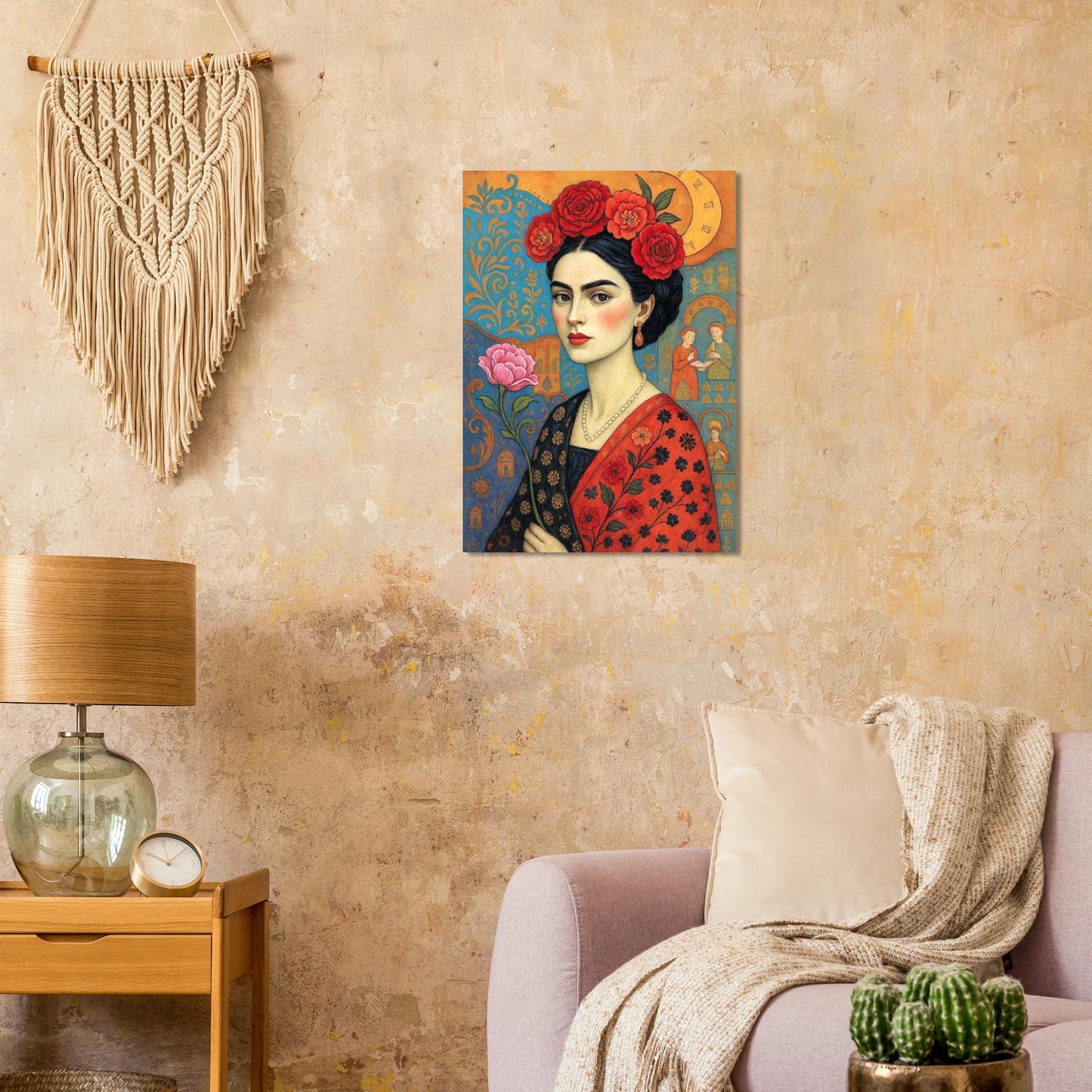 Florales Frauenporträt Poster mit roten Rosen, Boho Folk Art Illustration und Mondmotiv