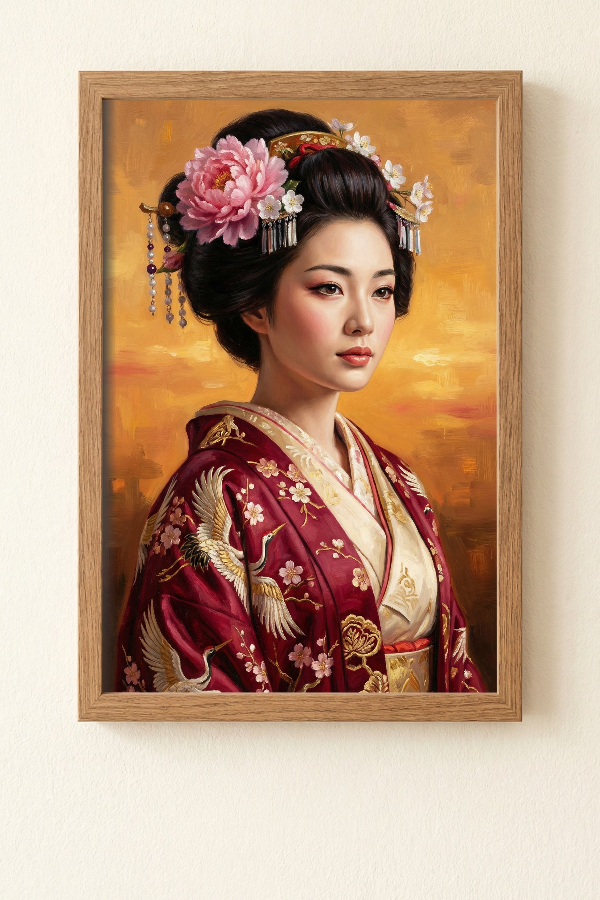 Geisha-Porträt im roten Kimono mit Kranich-Stickerei und Blüten im Haar, vor warm-goldenem Hintergrund, elegante Wandkunst.