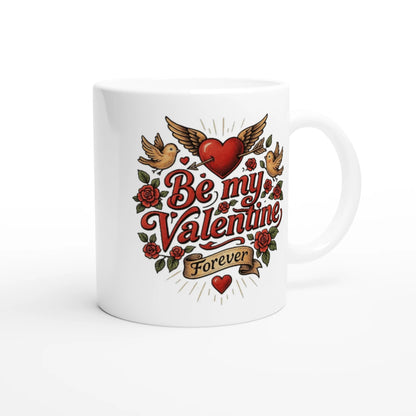 Weiße Keramiktasse mit Aufdruck Be my Valentine Forever, Herzmotiv mit Rosen