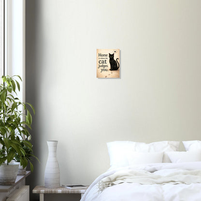 Katzenposter mit schwarzer Katze und Spruch Home is where the cat judges you, humorvolle Wandkunst