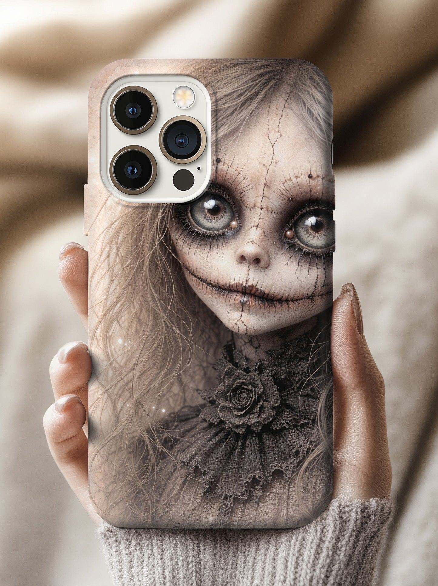 Gothic Puppenporträt mit großen Glasaugen, rissiger Porzellanhaut und dunkler viktorianischer Ästhetik als digitales Wandbild