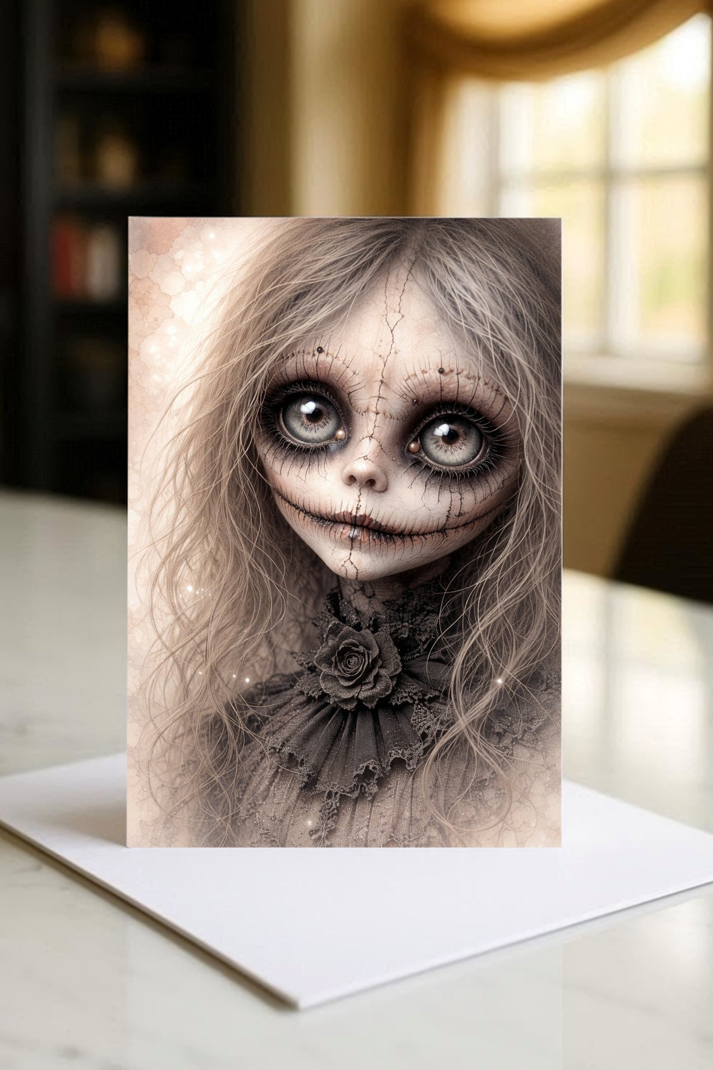 Gothic Puppenporträt mit großen Glasaugen, rissiger Porzellanhaut und dunkler viktorianischer Ästhetik als digitales Wandbild