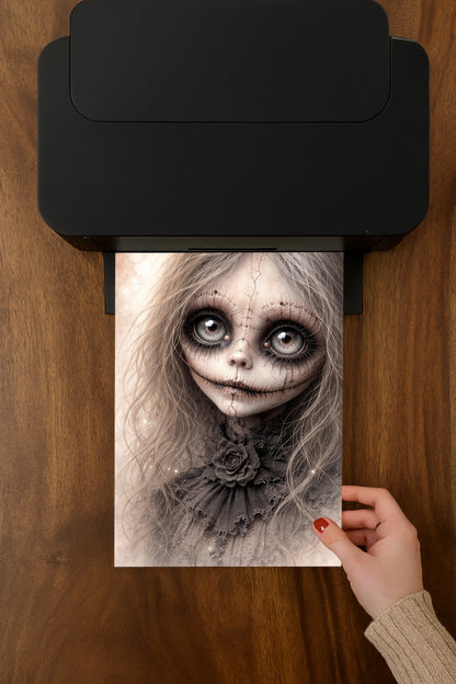 Gothic Puppenporträt mit großen Glasaugen, rissiger Porzellanhaut und dunkler viktorianischer Ästhetik als digitales Wandbild