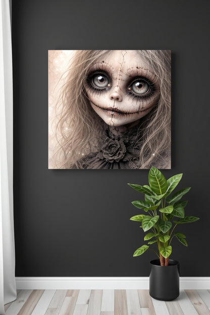 Gothic Puppenporträt mit großen Glasaugen, rissiger Porzellanhaut und dunkler viktorianischer Ästhetik als digitales Wandbild