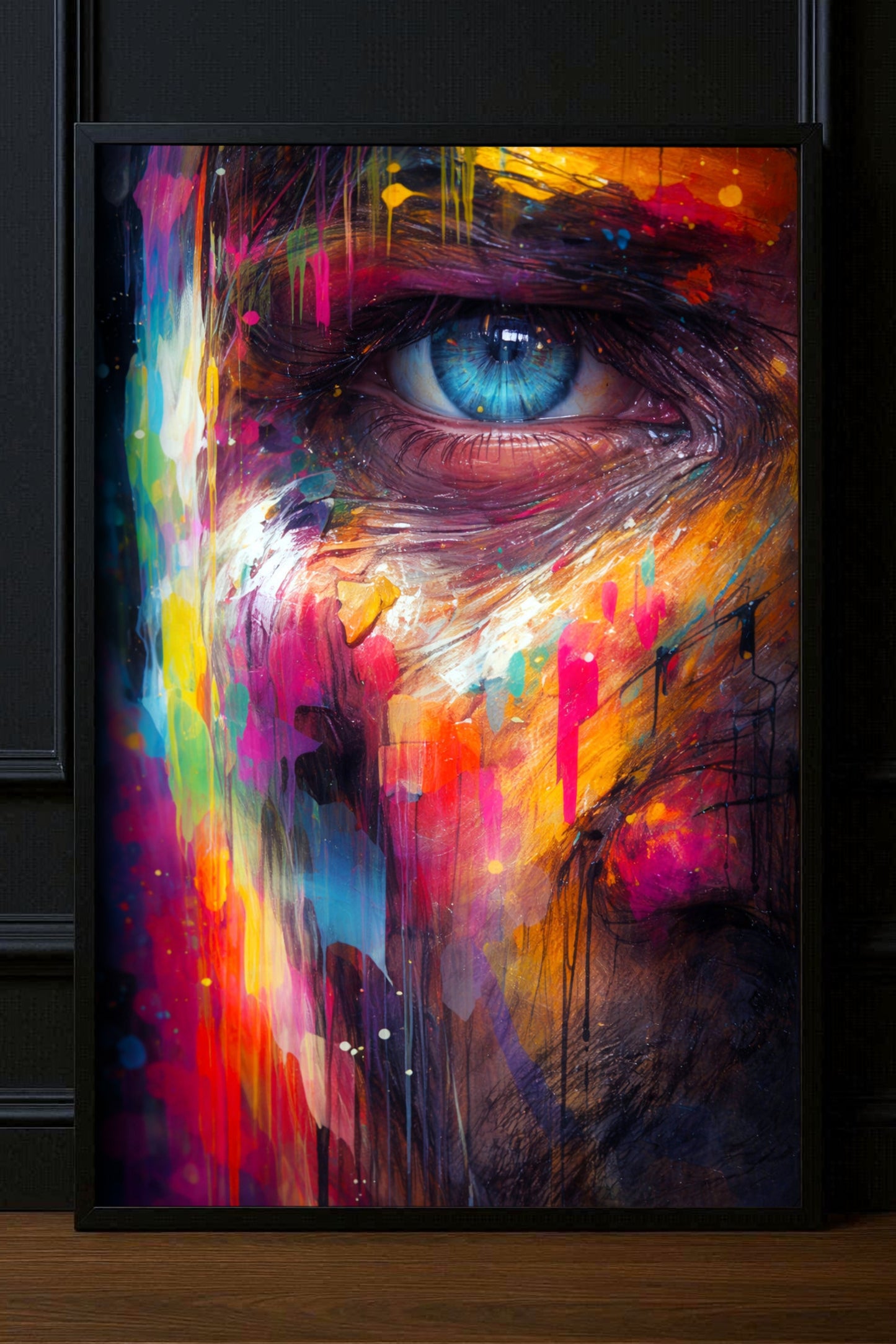 Abstract Portrait Poster mit blauem Auge, bunten Farbspritzern und urbanem Graffiti Style.