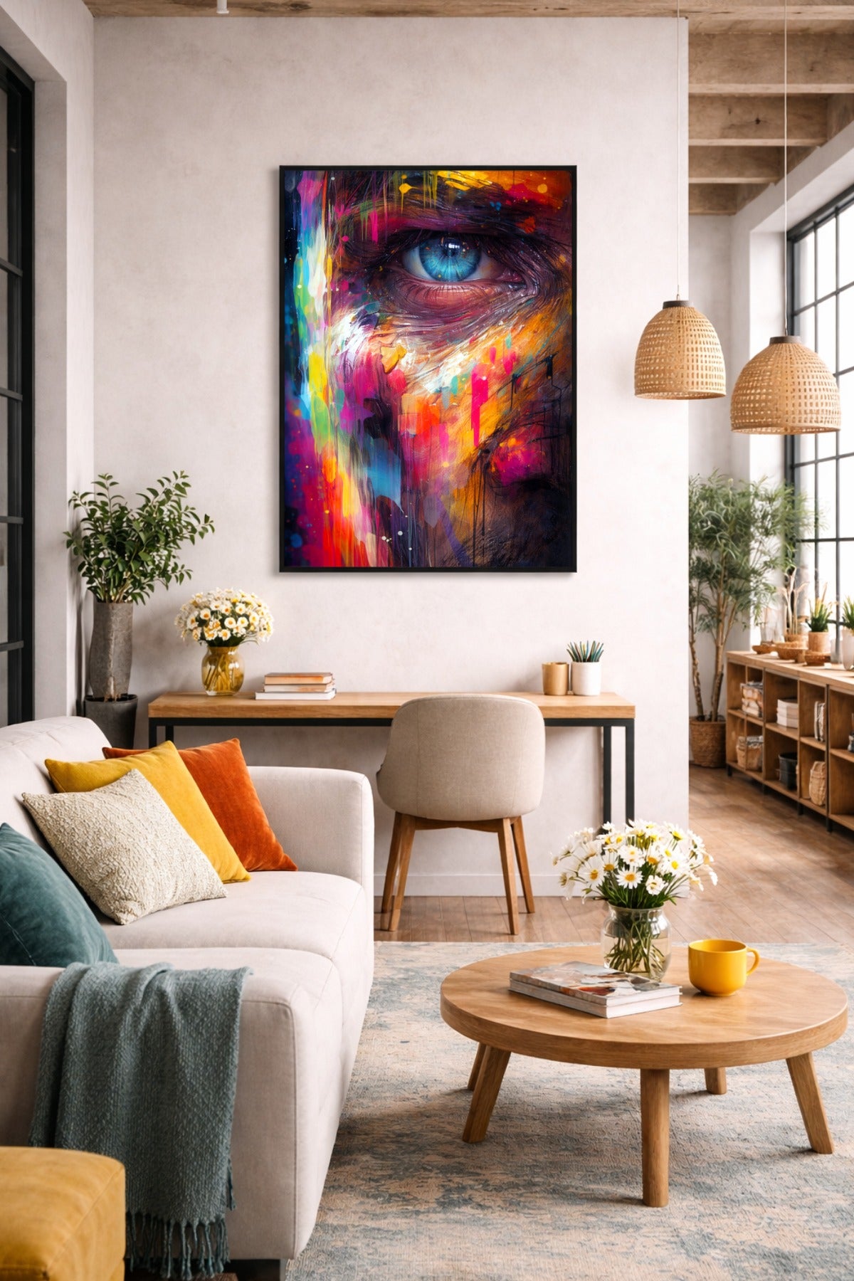 Modernes Kunstposter mit abstraktem Gesicht, blauem Auge und dynamischen Farbspritzern im Street-Art-Look.