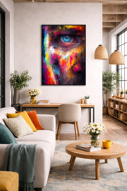 Modernes Kunstposter mit abstraktem Gesicht, blauem Auge und dynamischen Farbspritzern im Street-Art-Look.