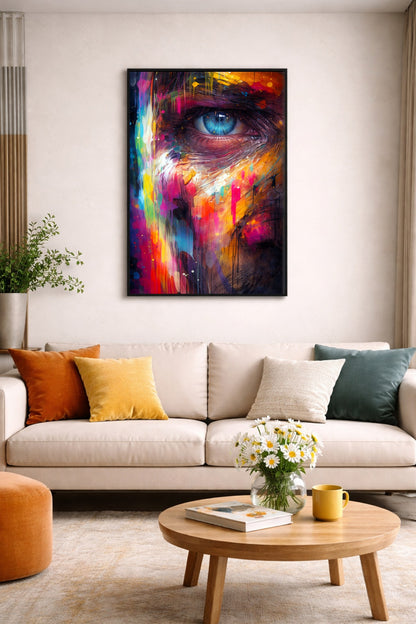 Urbanes Wandbild mit blauem Auge, kräftigen Farbflächen, Spritzern und grafischen Linien im Graffiti Style.