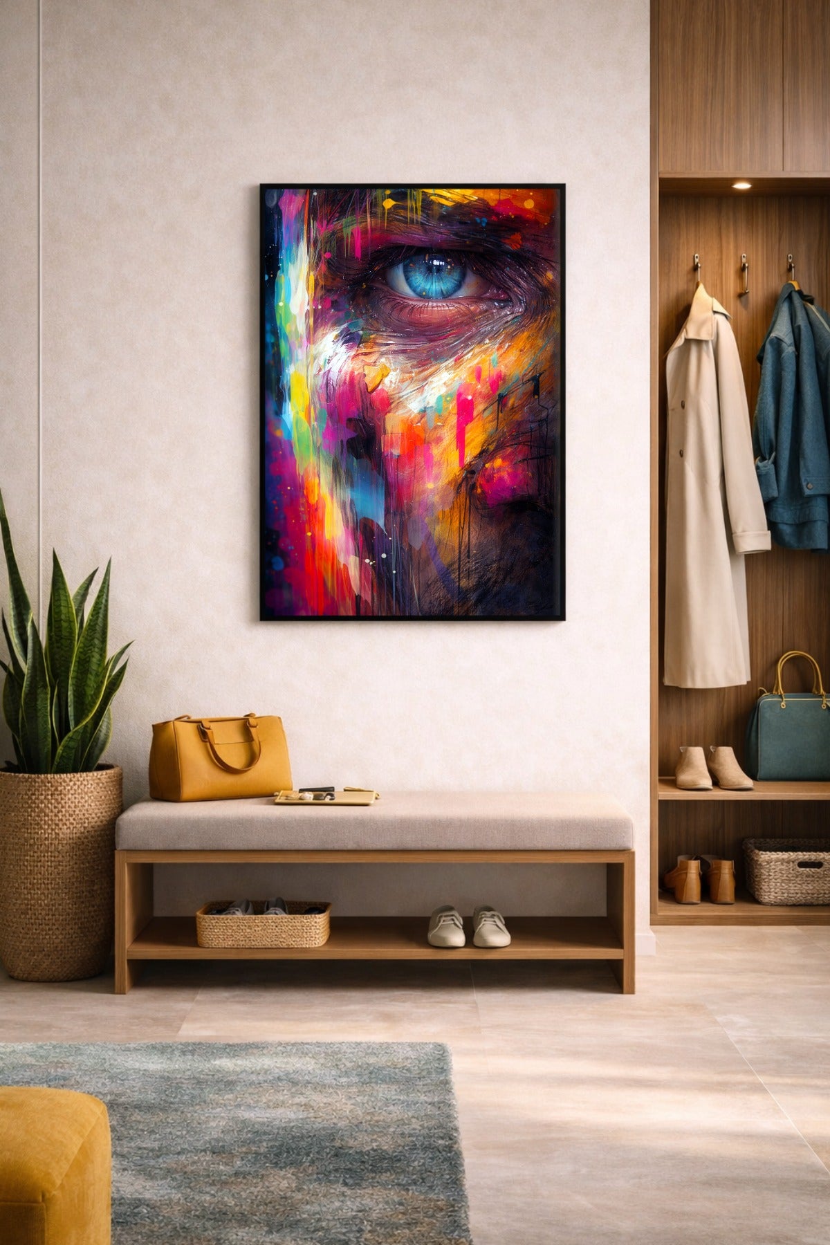 Abstraktes Portrait mit intensivem Blick, bunten Farben und Street-Art-Elementen als modernes Statement Piece.