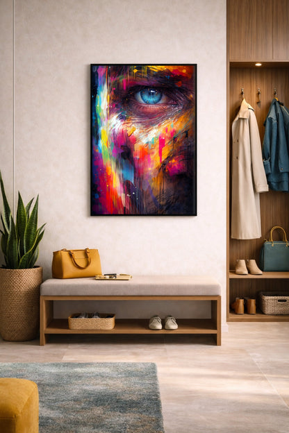Abstraktes Portrait mit intensivem Blick, bunten Farben und Street-Art-Elementen als modernes Statement Piece.