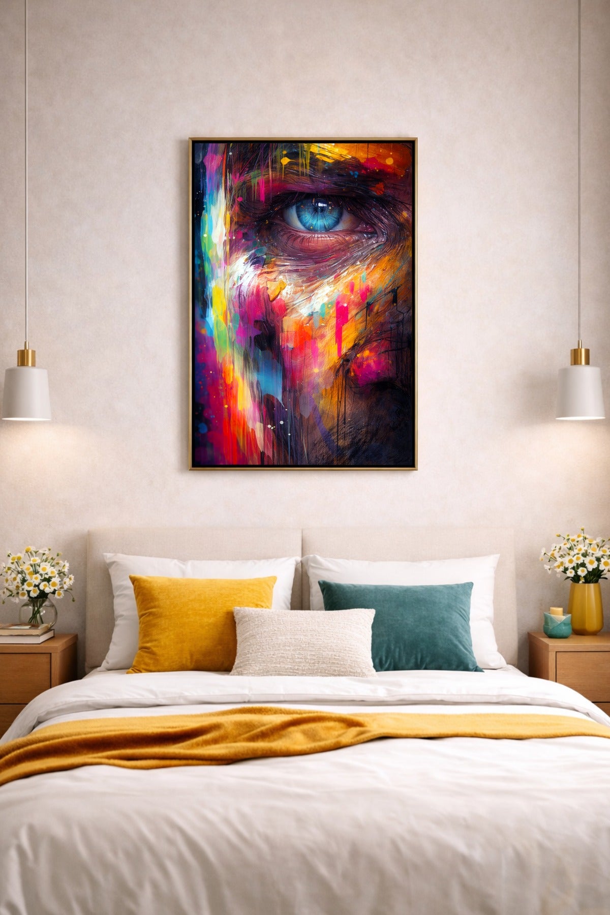 Farbintensives Abstract Portrait Poster mit blauem Auge, Graffiti-Details und expressiver urbaner Wirkung.