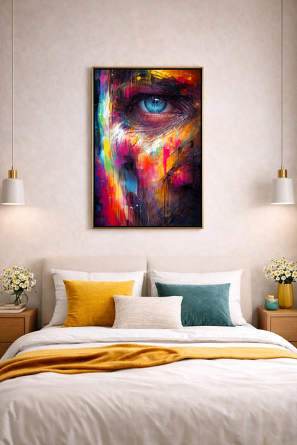 Farbintensives Abstract Portrait Poster mit blauem Auge, Graffiti-Details und expressiver urbaner Wirkung.