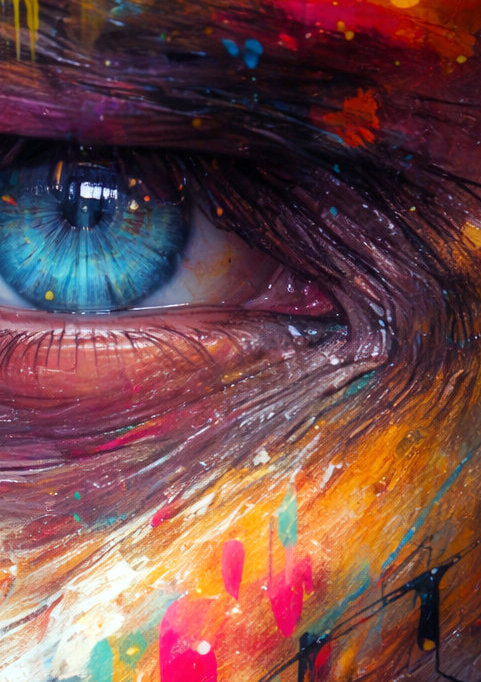 Detailsansicht. Abstract Portrait Poster mit intensiv blauem Auge, bunten Farbspritzern und urbanem Graffiti Style für moderne Wanddeko.