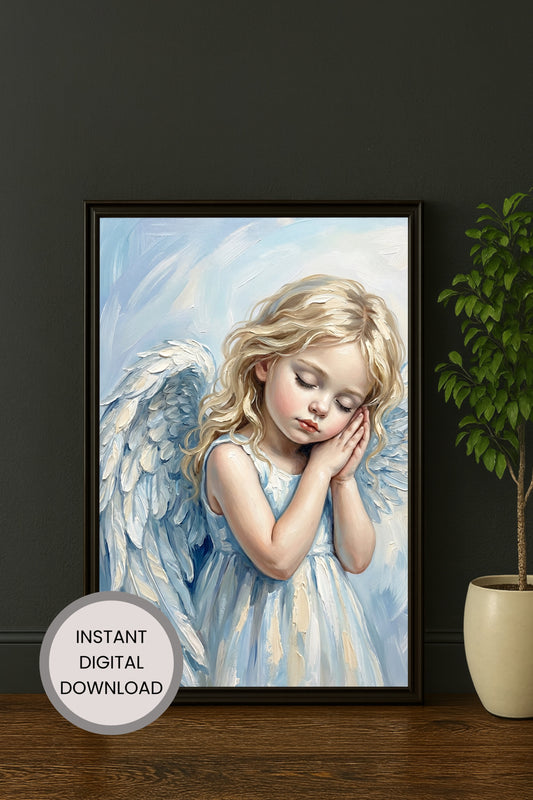 Malerisches Engelmotiv eines schlafenden Kindes mit weißen Flügeln, sanfte Farben in Blau und Creme, ruhige und geborgene Bildwirkung.