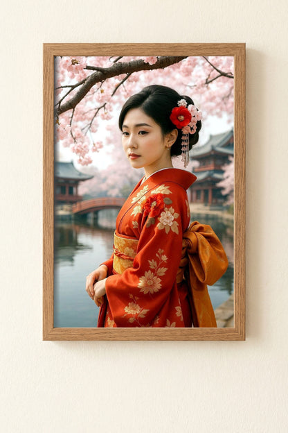 Elegantes japanisches Geisha-Porträt in rotem Kimono mit floralen Mustern, Kirschblüten und ruhiger Tempelkulisse im Hintergrund.