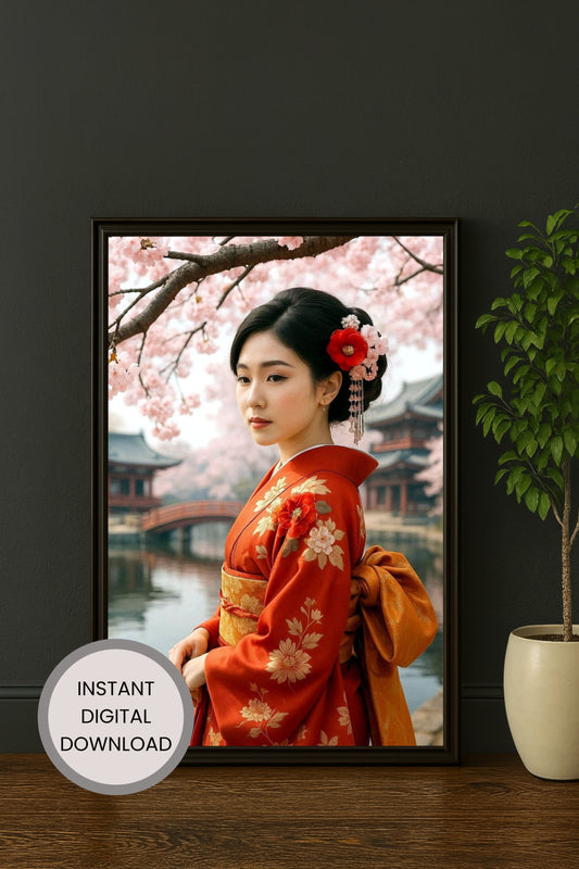 Elegantes japanisches Geisha-Porträt in rotem Kimono mit floralen Mustern, Kirschblüten und ruhiger Tempelkulisse im Hintergrund.