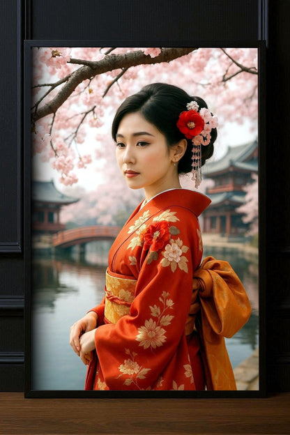 Japanisches Geisha-Poster im roten Kimono unter Kirschblüten, eleganter Kunstdruck mit ruhiger, harmonischer Bildwirkung.
