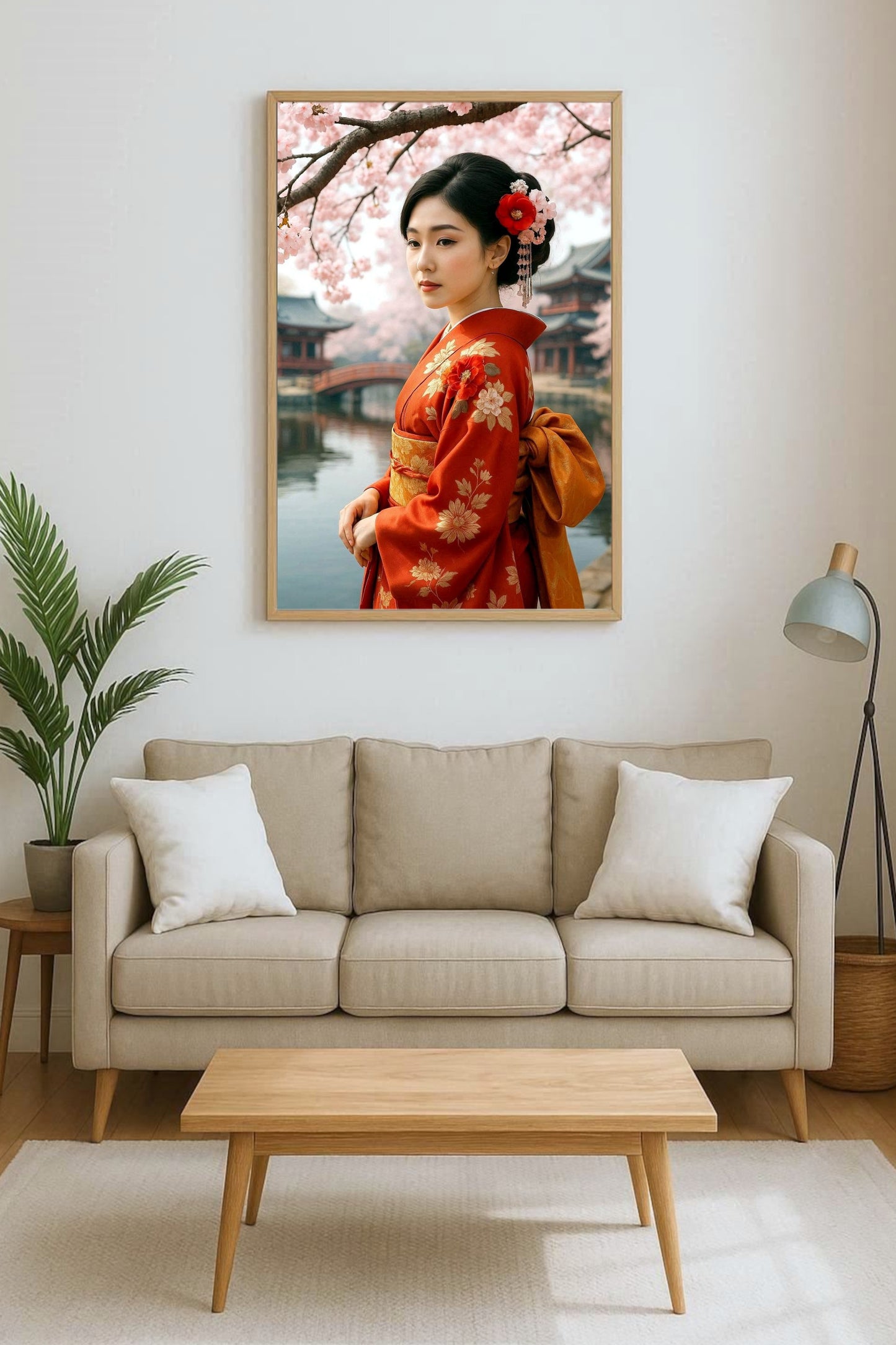 Elegantes japanisches Geisha-Porträt in rotem Kimono mit floralen Mustern, Kirschblüten und ruhiger Tempelkulisse im Hintergrund.