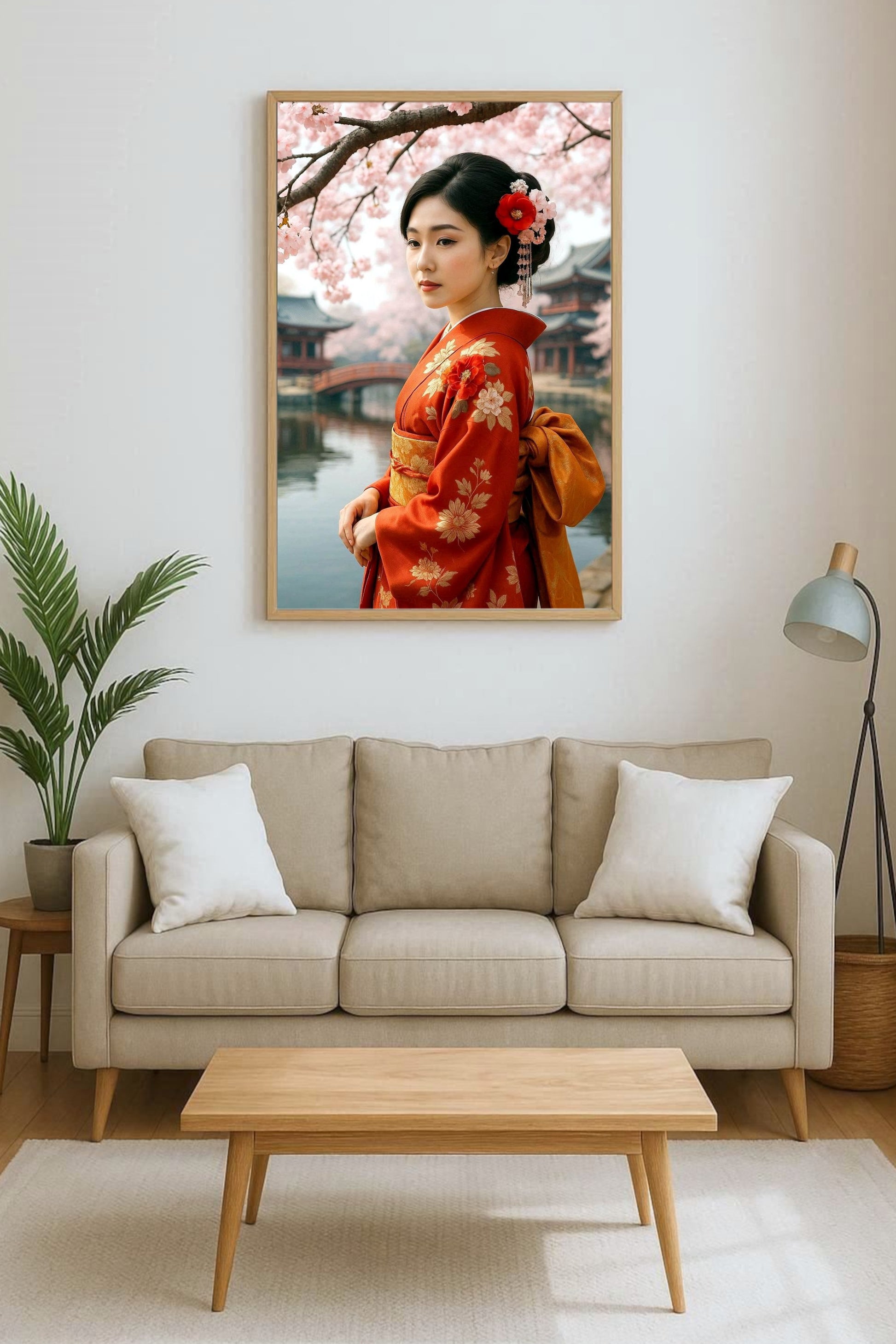 Elegantes japanisches Geisha-Porträt in rotem Kimono mit floralen Mustern, Kirschblüten und ruhiger Tempelkulisse im Hintergrund.