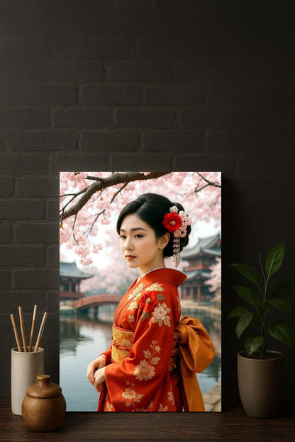 Elegantes japanisches Geisha-Porträt in rotem Kimono mit floralen Mustern, Kirschblüten und ruhiger Tempelkulisse im Hintergrund.