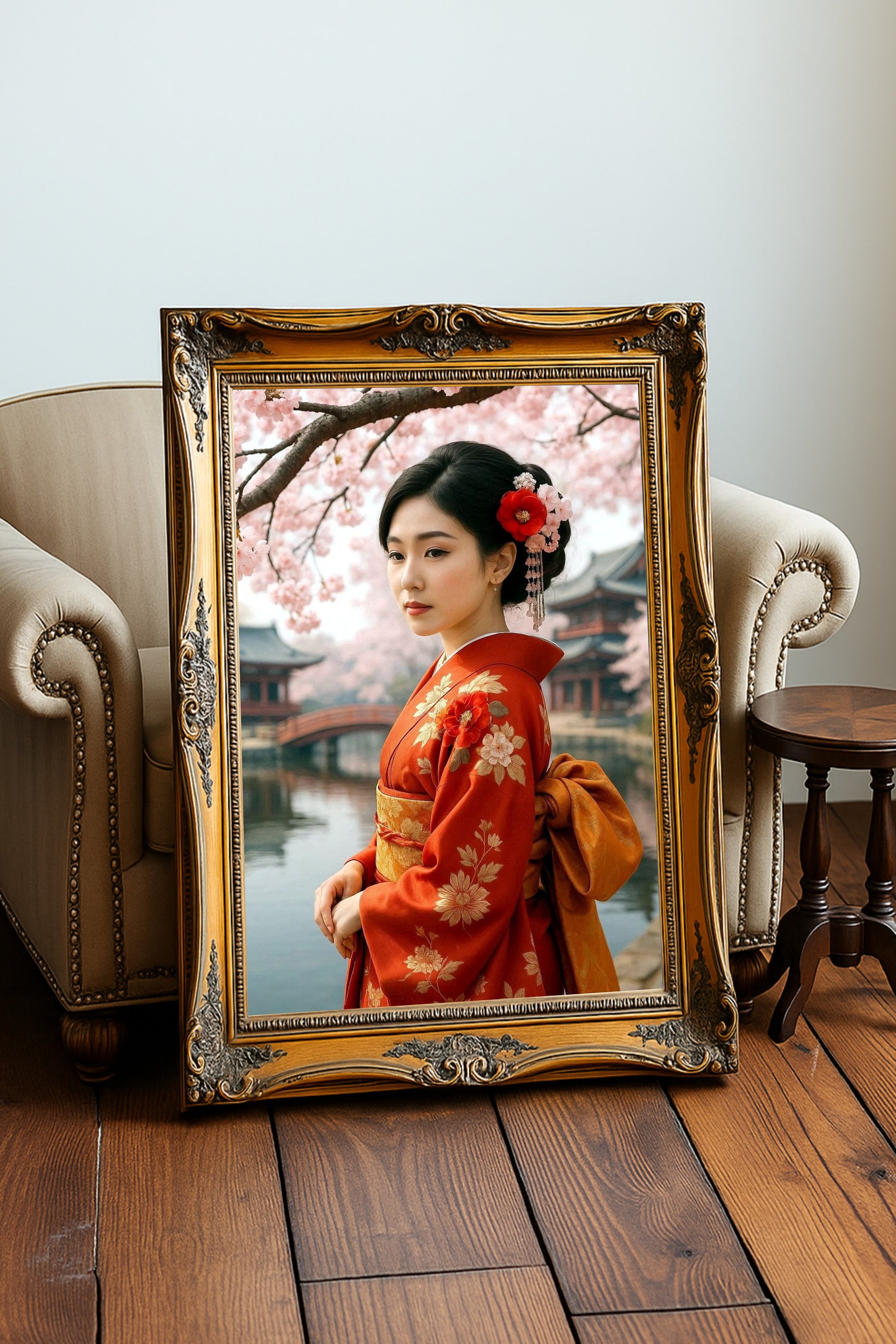 Elegantes japanisches Geisha-Porträt in rotem Kimono mit floralen Mustern, Kirschblüten und ruhiger Tempelkulisse im Hintergrund.
