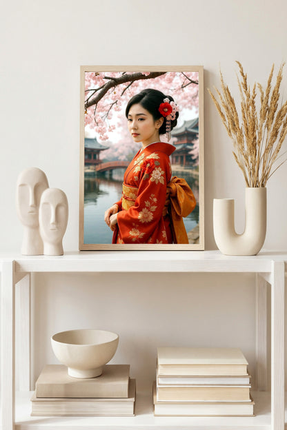 Elegantes japanisches Geisha-Porträt in rotem Kimono mit floralen Mustern, Kirschblüten und ruhiger Tempelkulisse im Hintergrund.