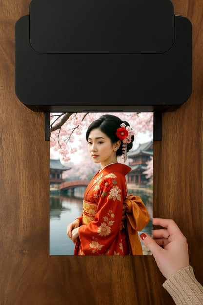Elegantes japanisches Geisha-Porträt in rotem Kimono mit floralen Mustern, Kirschblüten und ruhiger Tempelkulisse im Hintergrund.