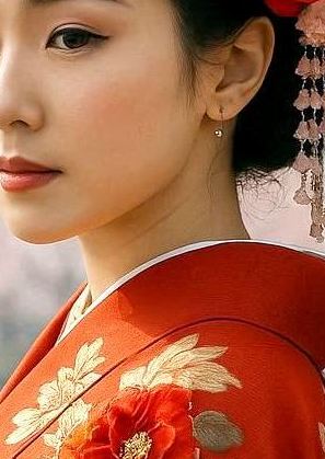 Elegantes japanisches Geisha-Porträt in rotem Kimono mit floralen Mustern, Kirschblüten und ruhiger Tempelkulisse im Hintergrund.