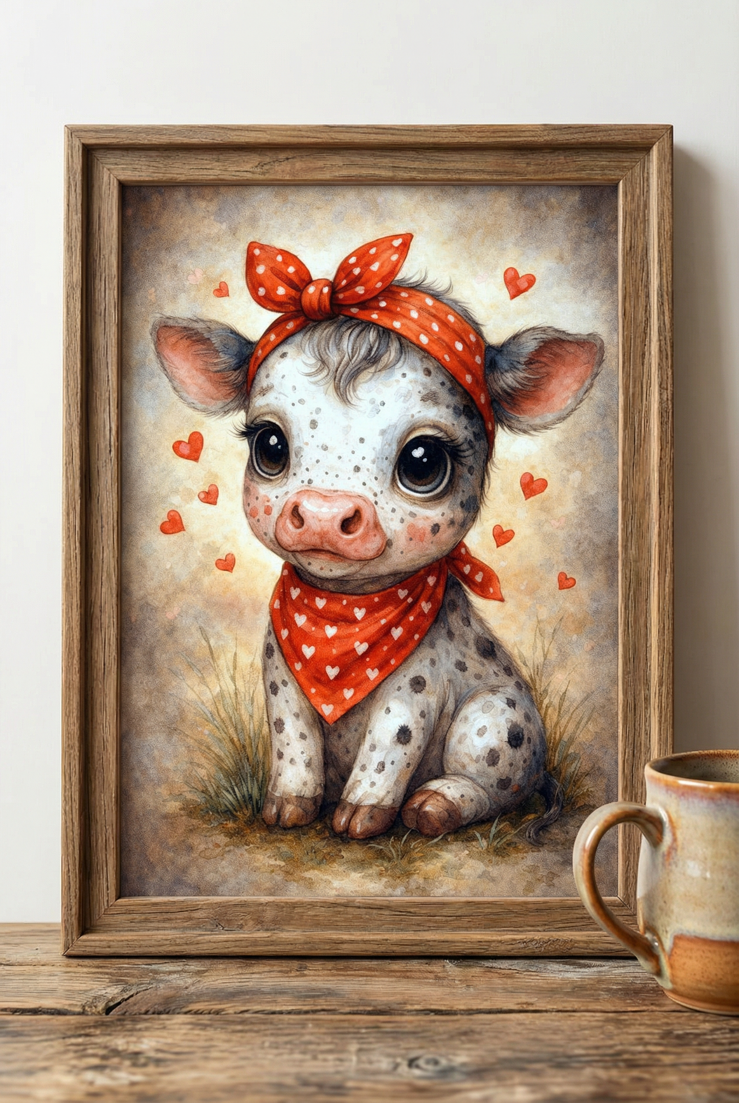 Aquarell Babykuh mit rotem Halstuch und Herzchen als niedliches Bauernhof Poster für Kinderzimmer oder Landhaus Dekoration