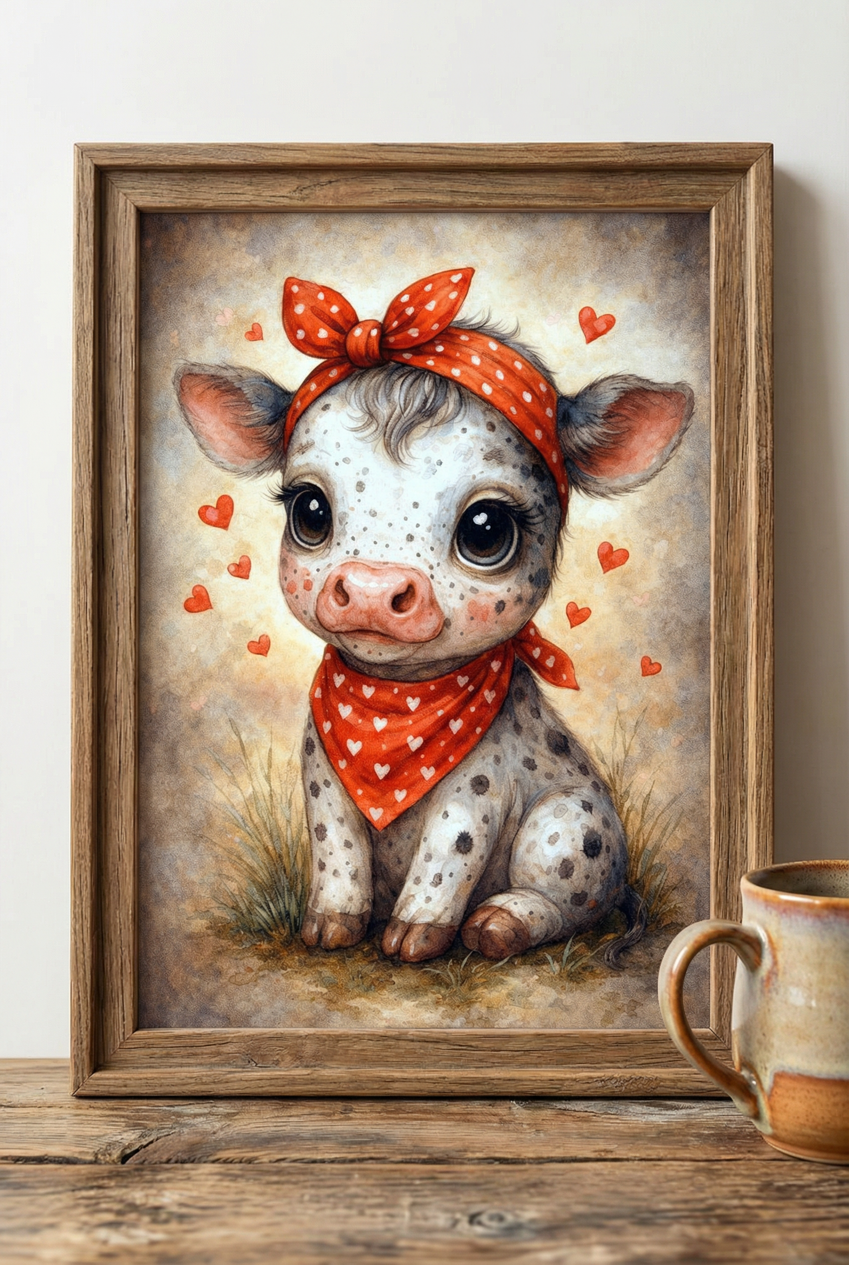 Aquarell Babykuh mit rotem Halstuch und Herzchen als niedliches Bauernhof Poster für Kinderzimmer oder Landhaus Dekoration