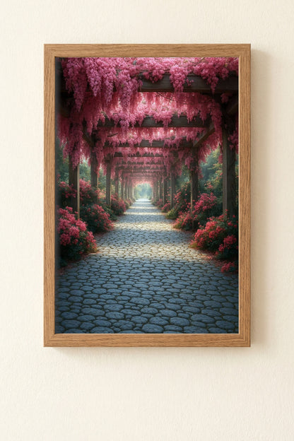 Romantischer Gartenweg unter einer Holzpergola mit rosa Glyzinien, sanftes Licht und ruhige, naturverbundene Bildstimmung.