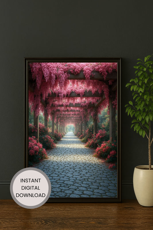 Romantischer Gartenweg unter einer Holzpergola mit rosa Glyzinien, sanftes Licht und ruhige, naturverbundene Bildstimmung.