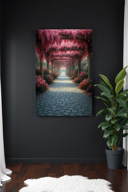 Romantischer Gartenweg unter einer Holzpergola mit rosa Glyzinien, sanftes Licht und ruhige, naturverbundene Bildstimmung.
