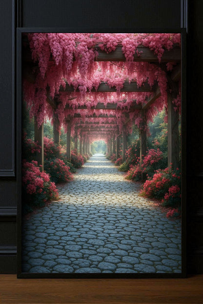 Ruhiger Gartenweg unter einer Pergola voller rosa Blüten, stimmungsvolles Naturposter mit Tiefe und sanftem Licht