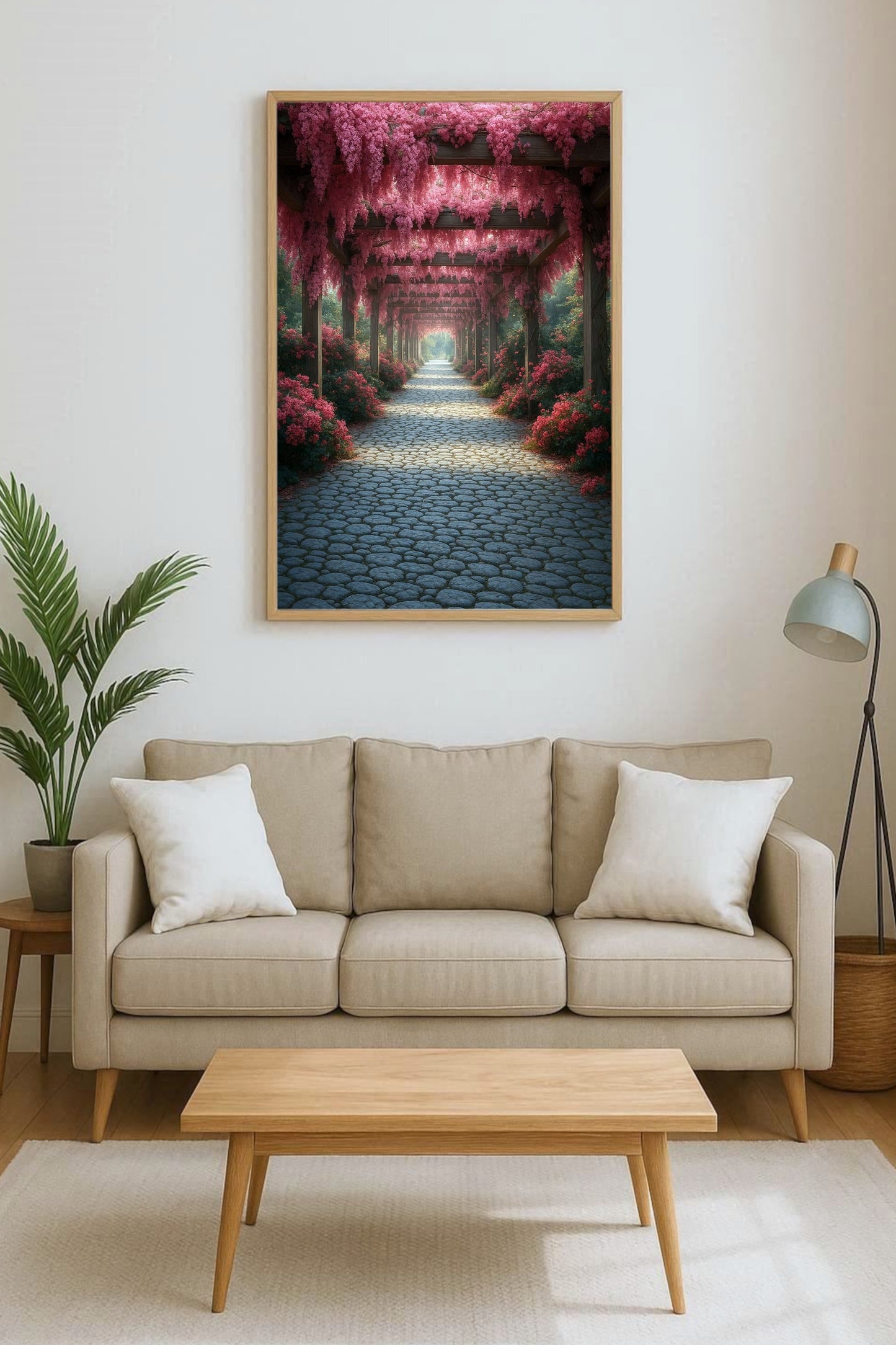 Romantischer Gartenweg unter einer Holzpergola mit rosa Glyzinien, sanftes Licht und ruhige, naturverbundene Bildstimmung.