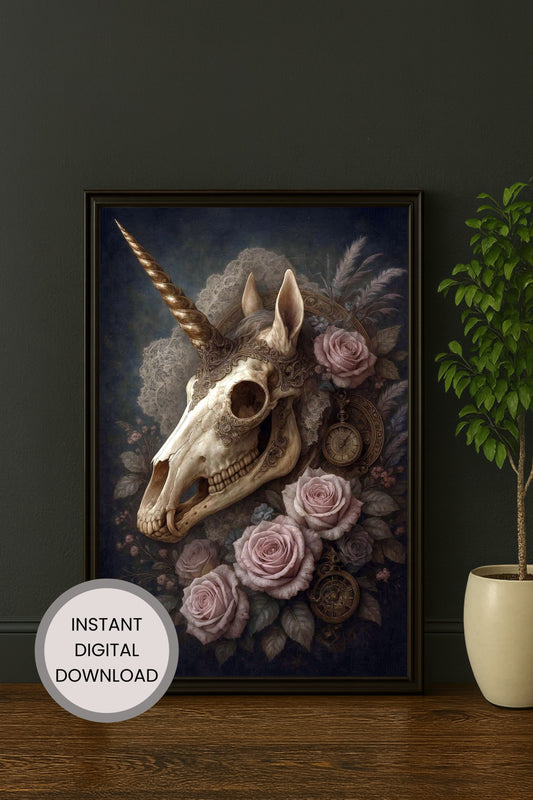 Dunkles Dark-Fantasy-Motiv eines Einhornschädels mit Rosen, Federn und antiken Uhrdetails in eleganter, mystischer Bildstimmung.