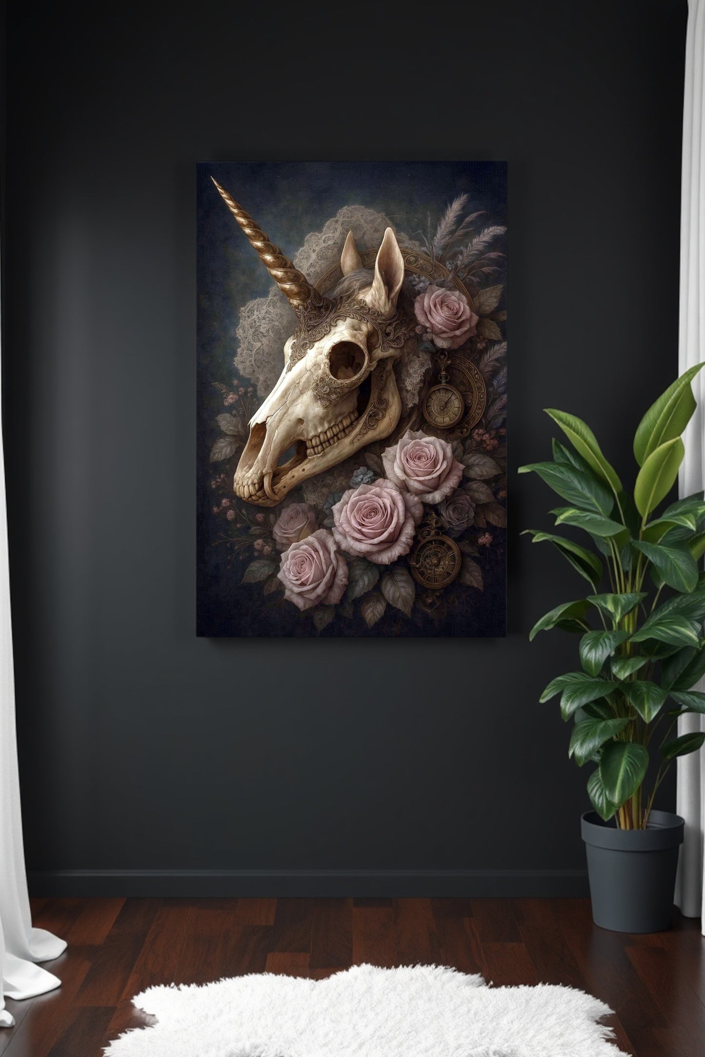 Dunkles Dark-Fantasy-Motiv eines Einhornschädels mit Rosen, Federn und antiken Uhrdetails in eleganter, mystischer Bildstimmung.