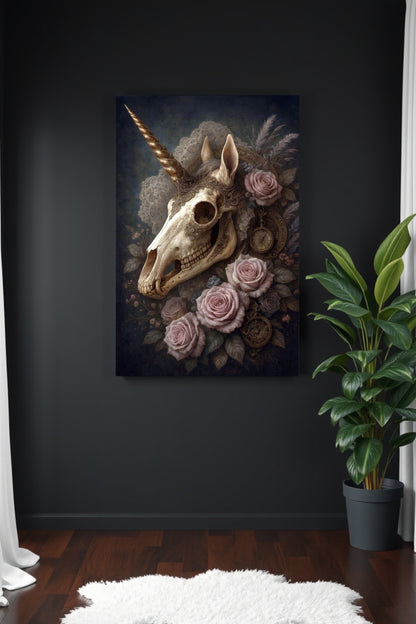Dunkles Dark-Fantasy-Motiv eines Einhornschädels mit Rosen, Federn und antiken Uhrdetails in eleganter, mystischer Bildstimmung.