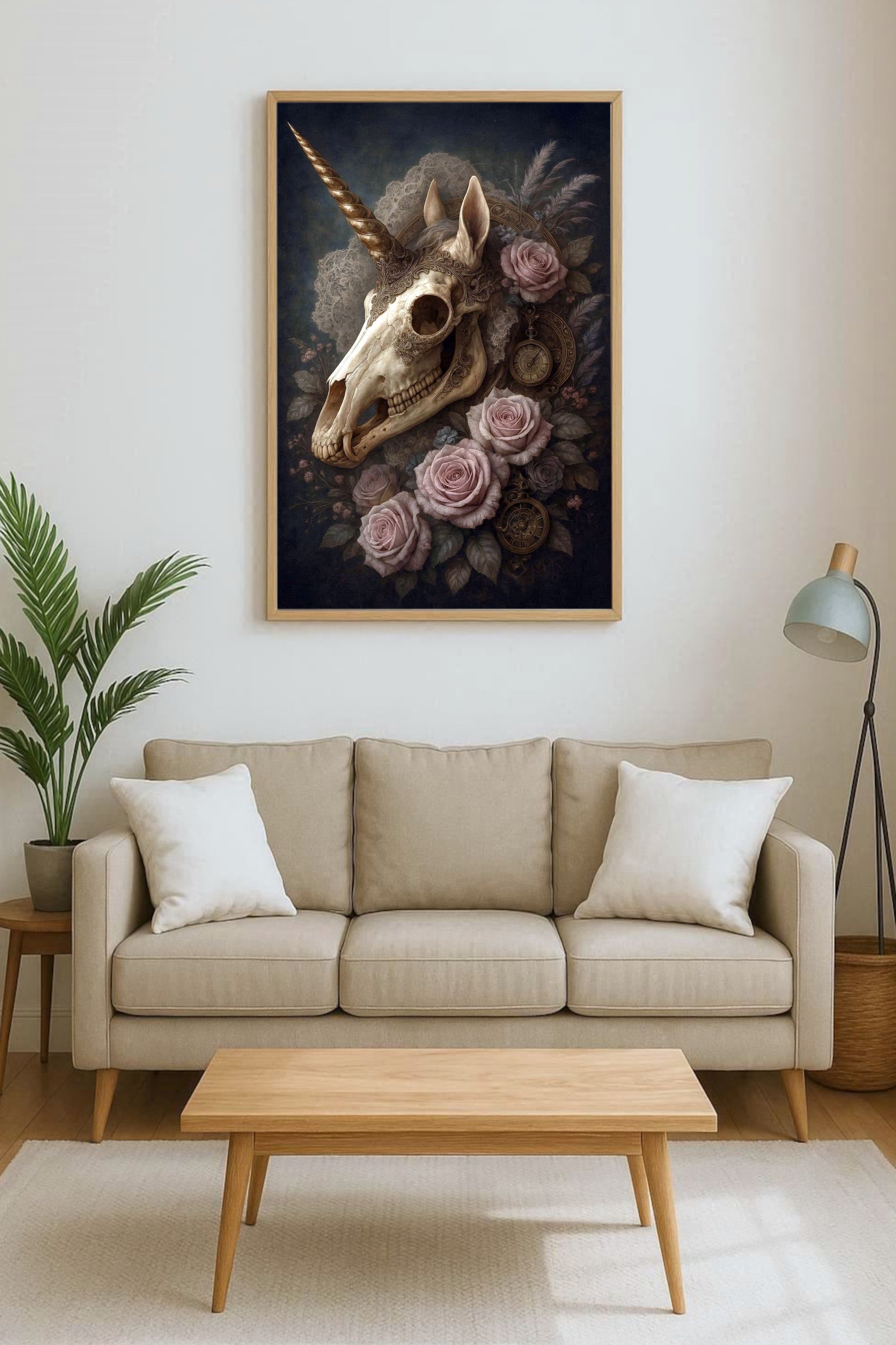 Dunkles Dark-Fantasy-Motiv eines Einhornschädels mit Rosen, Federn und antiken Uhrdetails in eleganter, mystischer Bildstimmung.