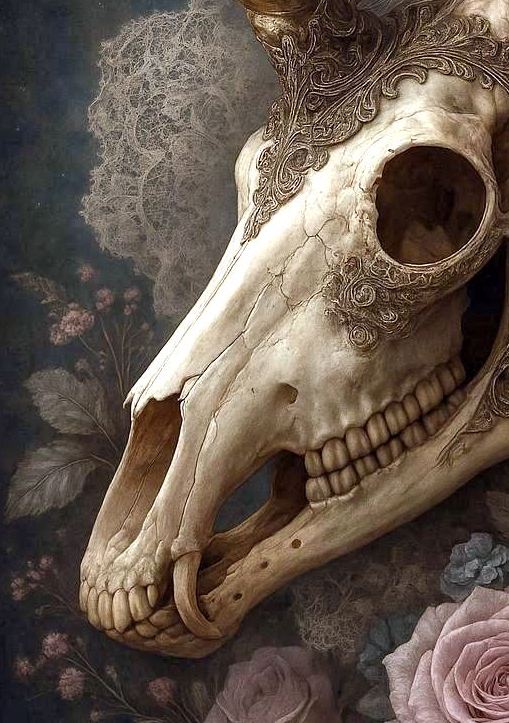 Dunkles Dark-Fantasy-Motiv eines Einhornschädels mit Rosen, Federn und antiken Uhrdetails in eleganter, mystischer Bildstimmung.