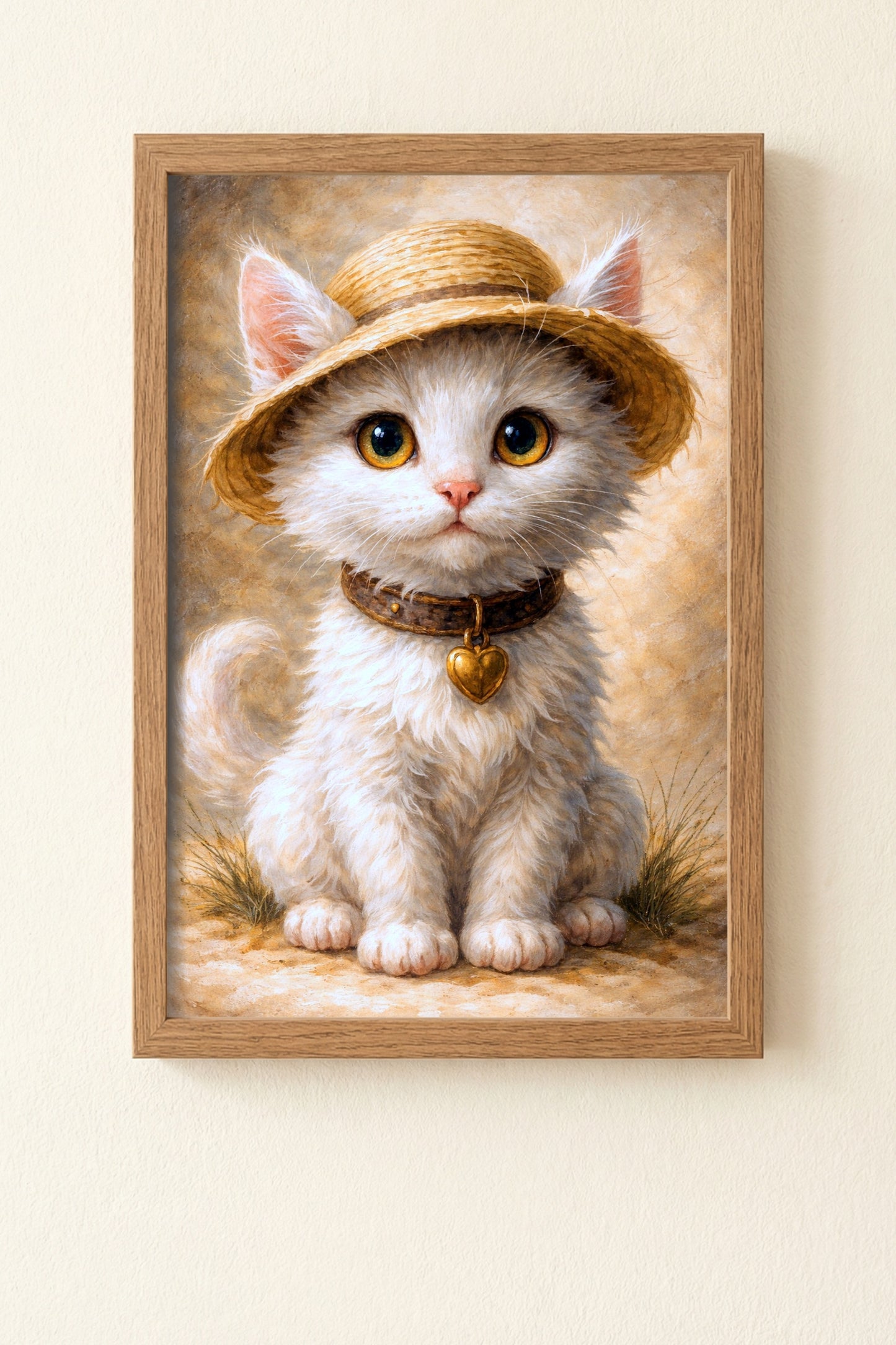 Digitale Illustration einer niedlichen weißen Katze mit Strohhut und Herzanhänger, warme Farben, sanfte Bildwirkung.