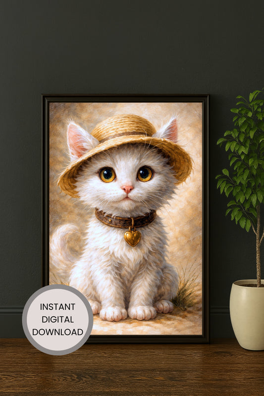 Digitale Illustration einer niedlichen weißen Katze mit Strohhut und Herzanhänger, warme Farben, sanfte Bildwirkung.