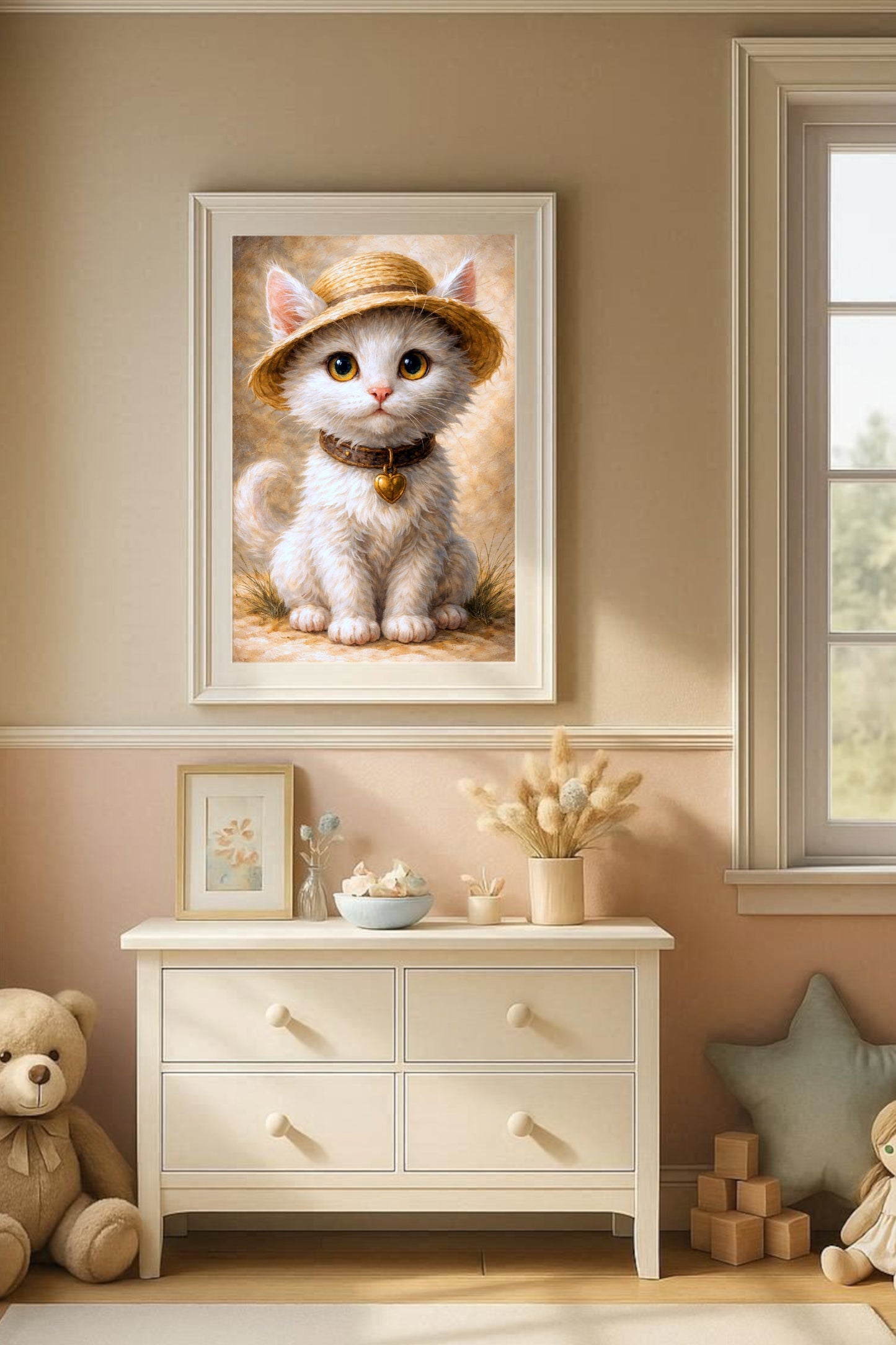 Digitale Illustration einer niedlichen weißen Katze mit Strohhut und Herzanhänger, warme Farben, sanfte Bildwirkung.