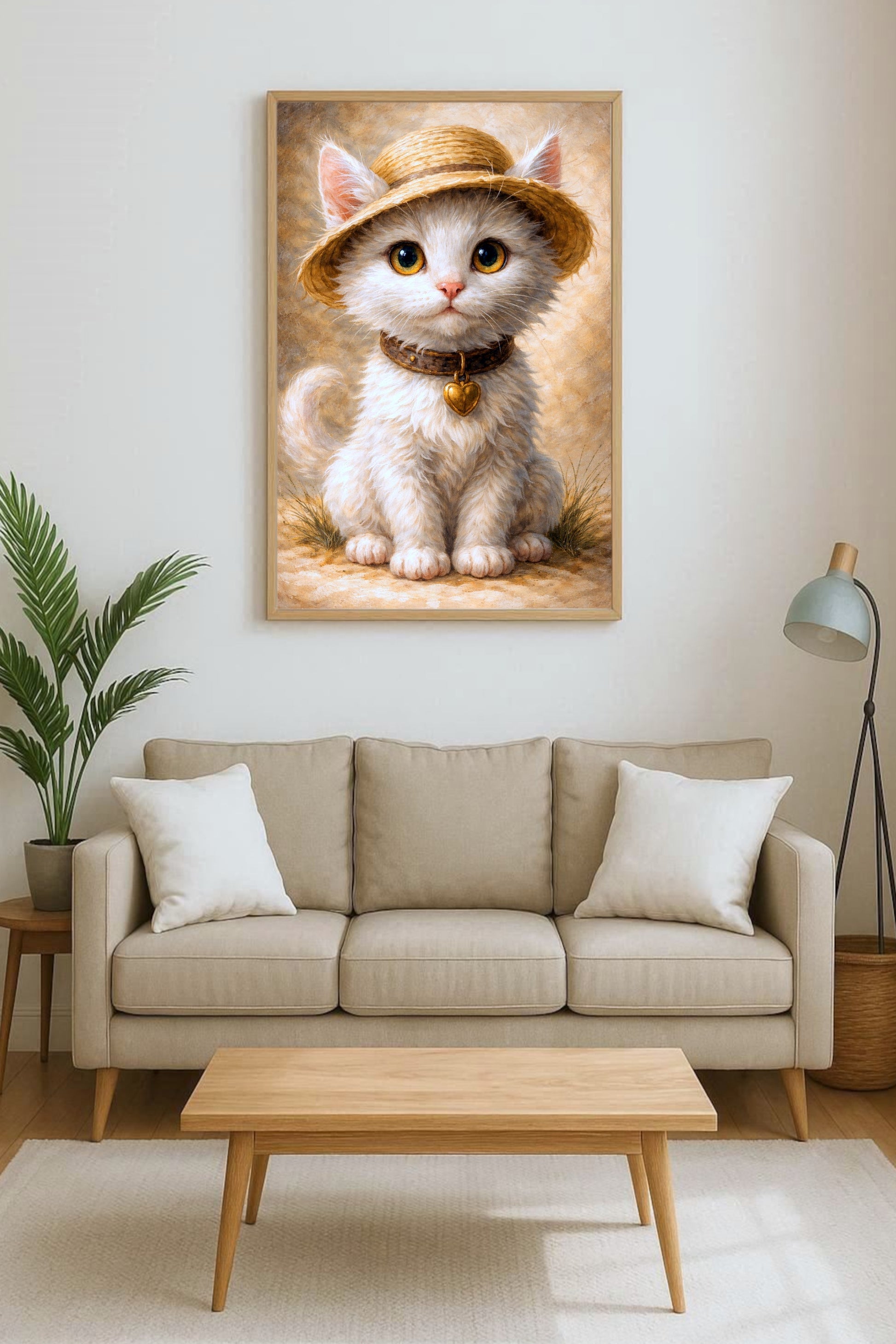 Digitale Illustration einer niedlichen weißen Katze mit Strohhut und Herzanhänger, warme Farben, sanfte Bildwirkung.