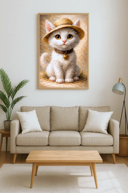 Digitale Illustration einer niedlichen weißen Katze mit Strohhut und Herzanhänger, warme Farben, sanfte Bildwirkung.