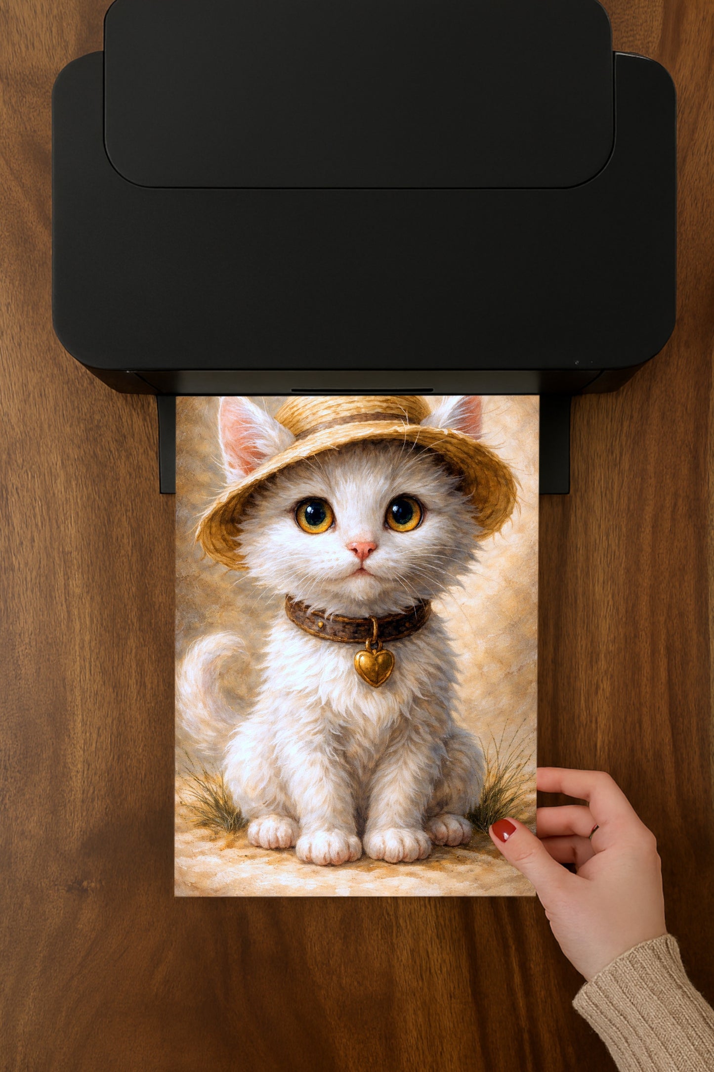 Digitale Illustration einer niedlichen weißen Katze mit Strohhut und Herzanhänger, warme Farben, sanfte Bildwirkung.