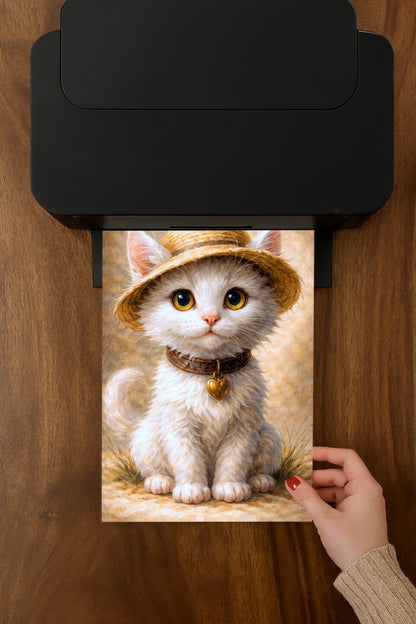 Digitale Illustration einer niedlichen weißen Katze mit Strohhut und Herzanhänger, warme Farben, sanfte Bildwirkung.